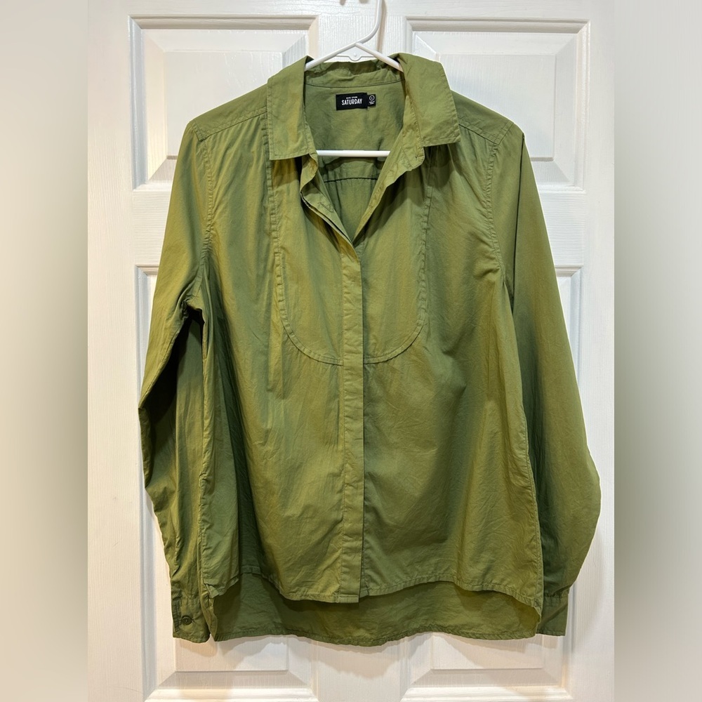 Kate Spade Saturday Button Front Top 100% Cotton Blouse Olive Green Women Sz L